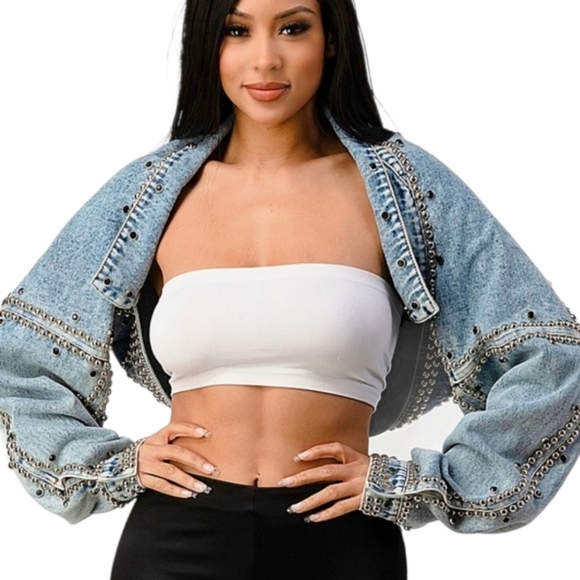 Open front beaded denim jacket NWT